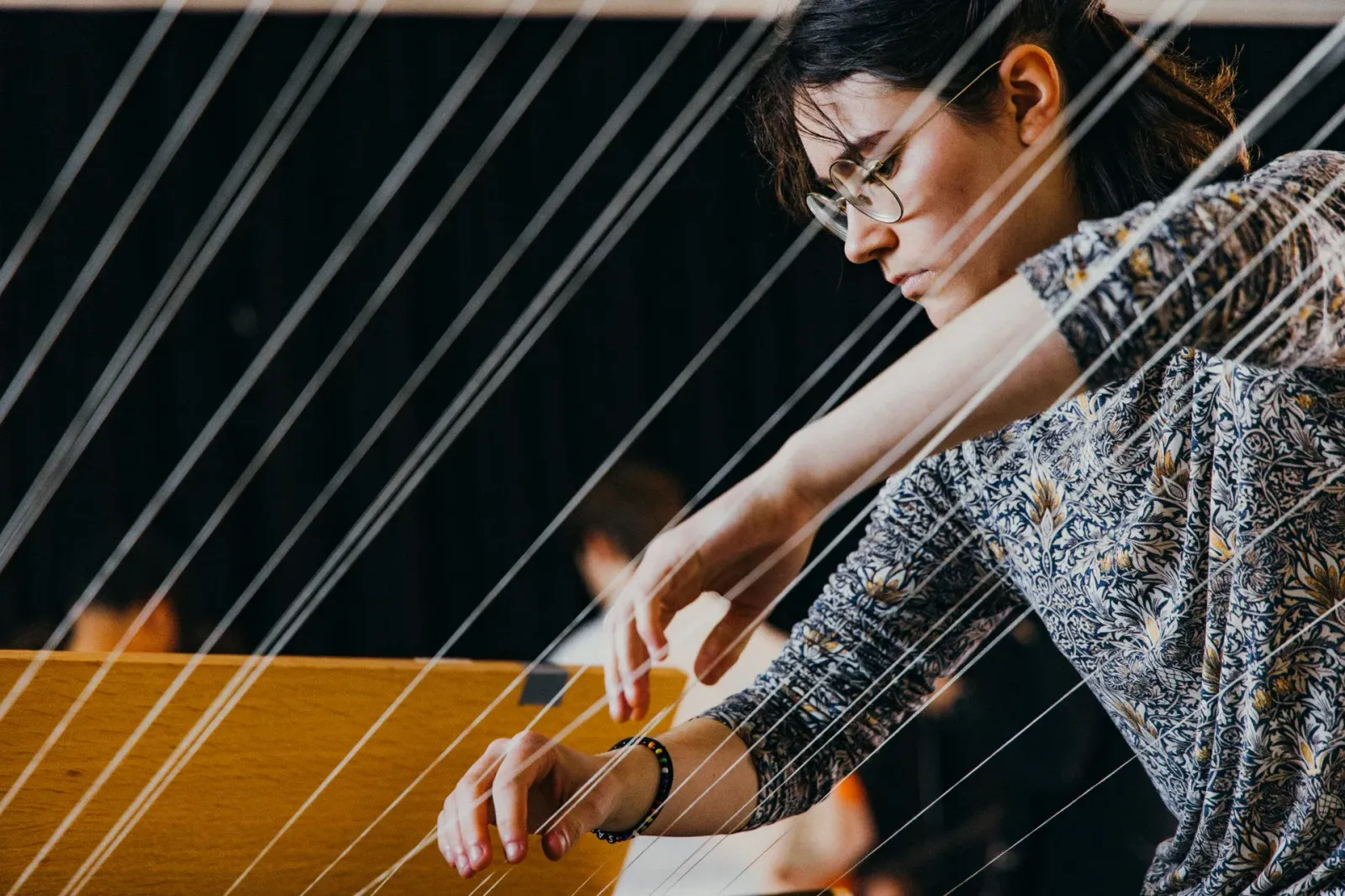 Musiker spelar harpa